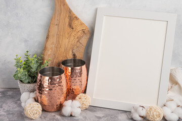 White blank frame for lettering or design, mockup. Against the background of kitchen utensils, for...