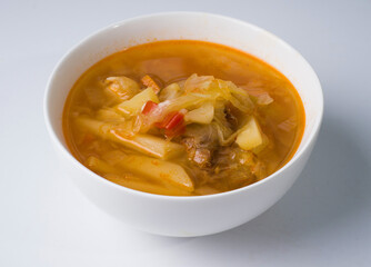 Cabbage soup. Russian traditional soup. Top view