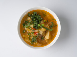 Cabbage soup. Russian traditional soup. Top view