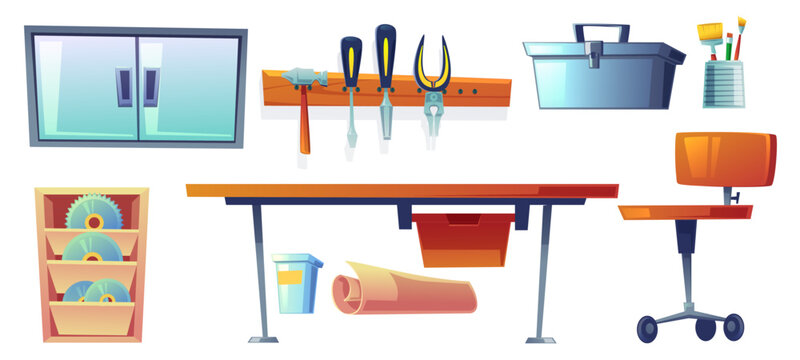 Garage instruments, tools for carpentry and repair works. Screwdriver, pliers and hammer hanging on board, workbench, blade for circular saw, toolbox and paint brushes. Cartoon vector illustration