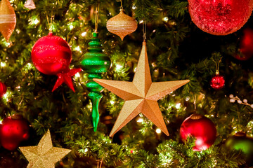 Christmas tree and Christmas decorations, Beautiful decorated christmas tree. Holiday background. Closeup