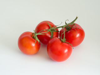 Fresh red tomatoes on a branch on a white background. Studio photography