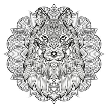 Wolf. Dog. Coloring is hand-drawn in the style of Zentangle, Doodle. Full face illustration animal's head black lines on white background. Ethnic ornaments Indian, Mexican. Vector abstract background
