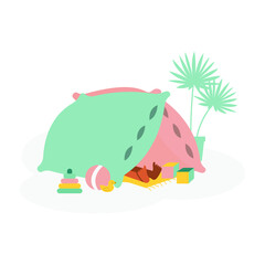 A hut made of pillows, a child lies in a hut, children's toys. Vector illustration, flat cartoon design.