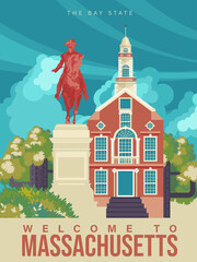 Massachusetts is on a tourist poster. Vintage lighthouse. The east state of the US. Boston area. Printable card for tourists in vintage and retro style - 356067458