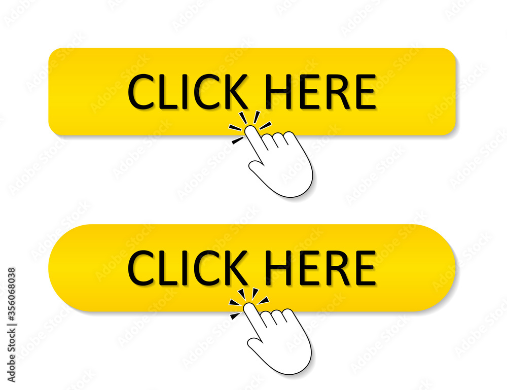 Poster click here button. register icon. yellow banner for website with hand. finger press link for online 
