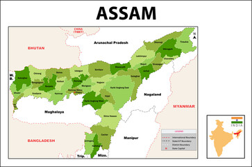 Assam map. Political and administrative map of Assam with districts name. Showing International and...