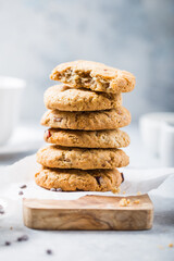 Chocolate cookies on concrete table.Wrapped Chocolate Chip Cookies