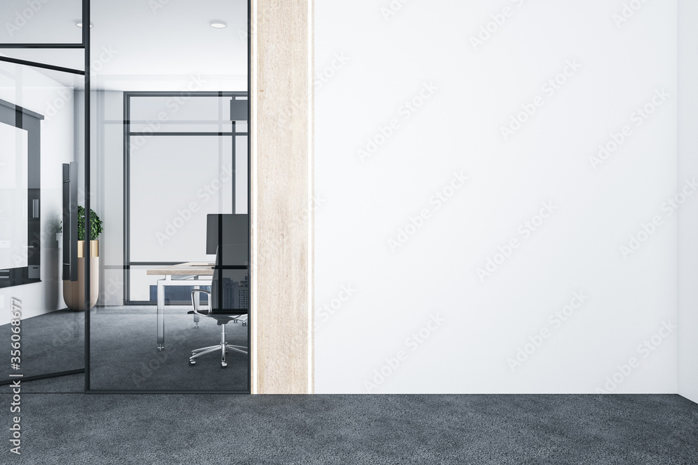 Poster modern office with computers on desk and empty white wall.