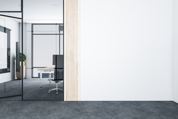 Naklejka na ściany i meble Modern office with computers on desk and empty white wall.