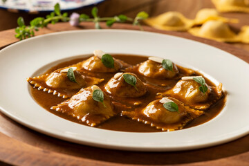 ravioli pasta on gravy, basil and almond slices on white plate with ingredients