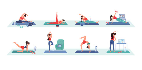 The girls goes in for sports at home via video conference. Workouts online, using gadgets mobile, laptop, tablet. The women does gymnastics, yoga, training with fitness coach. Isolated flat vector set