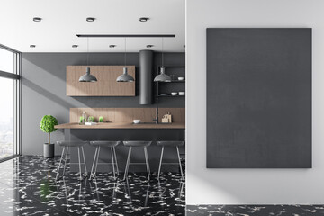 Modern kitchen studio interor and blank black banner
