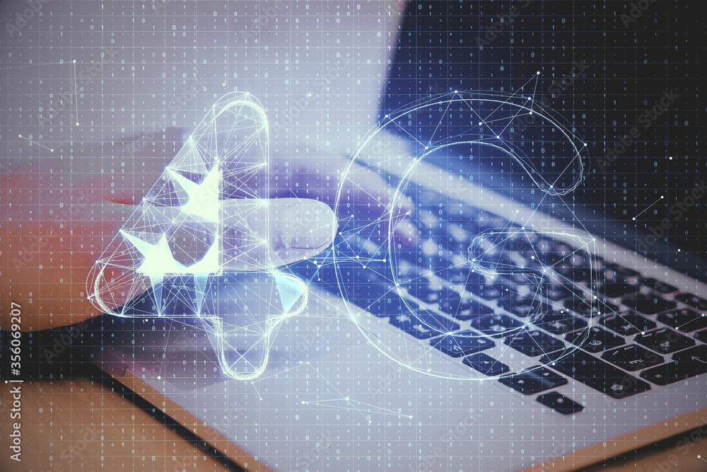 Poster hands using laptop on desktop with abstract 4g network hologram