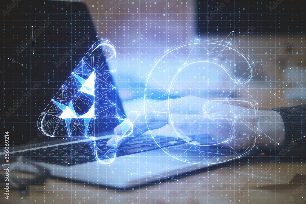 Poster hands using laptop with glowing 4g interface