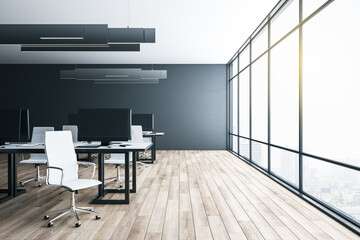 Coworking office interior with computers