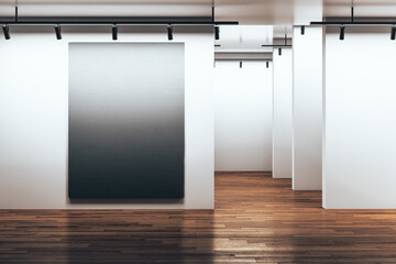 Modern gallery hall with empty black vertical poster