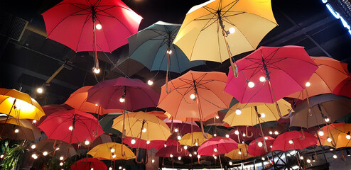 A colorful umbrellas ceiling with lamps below