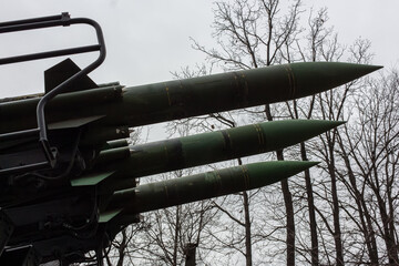 Air defense missile system on self propelled launching weapon. Vintage style. Siluete of air...