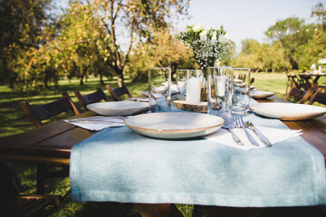 Festive table setting on a background of blue napkins. Tree branch.