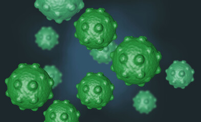 Illustration of virus cells or bacteria molecule under microscope. Abstract 3d illustration corona virus cells.Pathogen respiratory influenza. Flying Covid virus cells