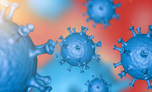 Illustration of virus cells or bacteria molecule under microscope. Abstract 3d illustration corona virus cells.Pathogen respiratory influenza. Flying Covid virus cells