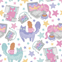 Set. Girls. Cute cats. Notebooks, books, hot drinks and stars. Seamless vector pattern (background). Cartoon print.
