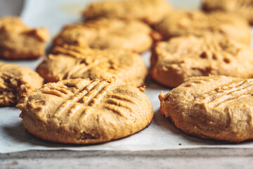 Close up of peanut butter cookies. Vegan Dessert Concept. Cooking healthy food.