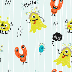 Childish seamless pattern with funny monsters