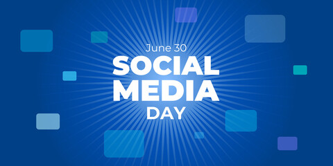 Social media day. Vector web banner, greeting card, poster for online media, social networks. White text on a blue background, horizontal composition. It is celebrated on June 30.