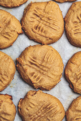 Peanut Butter Cookies, top view, vertical. Vegan Dessert Concept. Cooking healthy food.