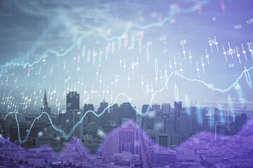 Forex graph on city view with skyscrapers background multi exposure. Financial analysis concept.