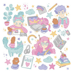 Set. Girls. Cute cats. Notebooks, books, hot drinks and stars. Isolated vector objects on white background.