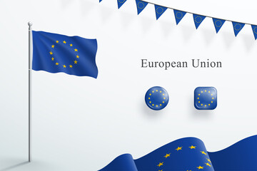 EU Flag 3d Elements Waving Flagpole Bunting Buttons