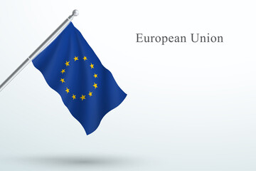 EU Flag Waving Hanging Down 3d Flagpole Vector