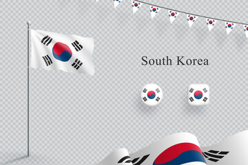 South Korea Flag 3d Elements Waving Flagpole Bunting Buttons