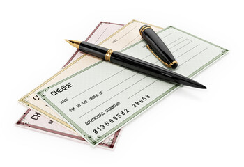 Colored cheques and ink pen isolated on white background. 3D illustration