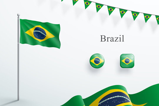 Brazil Flag 3d Elements Waving Flagpole Bunting Buttons