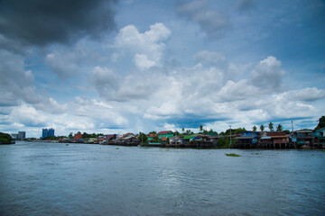 Fototapeta na wymiar Riverside Chao Phraya River. Housing and tourist attractions Riverside Chao Phraya River, Thailand.