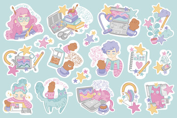 Set of stickers. Beautiful girls. Cute cat. Books, laptop, paints and pencils. Hot drinks: coffee cup, tea mug. Lettering. Stars.