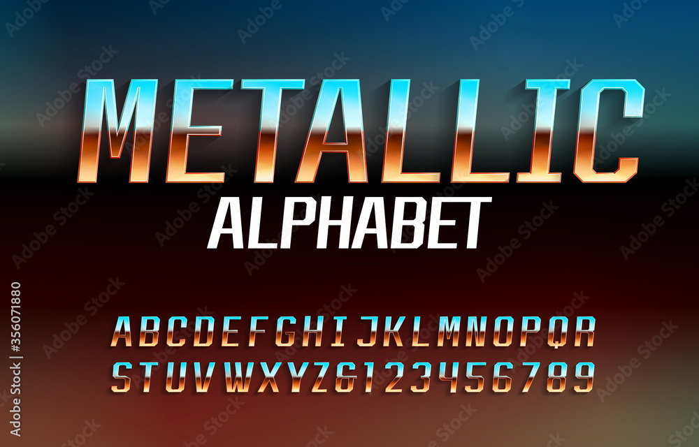 Fototapete metallic alphabet font. reflective surface chrome effect letters and numbers with shadow. abstract b