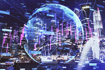 Financial chart on city scape with tall buildings background multi exposure. Analysis concept.
