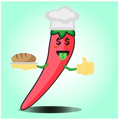 Cute mexican chili baker cartoon face character with chef hat and bread image design