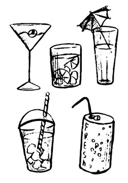 Cool summer drinks, cocktail, juice, lemonade. Hand drawn vector illustration set. Graphic doodles, sketching. Black contour drawings isolated on white. Primitive style picture for design, print, card