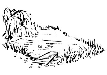 Small lake with reeds and a pier. Hand drawn vector illustration. Graphic doodles, sketching. Black contour drawing isolated on white. Primitive style single pictures for design, prints, card, poster.