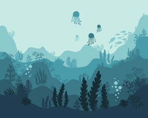 background underwater world, sea ocean, fish animals, algae and coral reefs, vector illustration hand drawing - 356072431