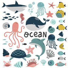 underwater world elements set, sea ocean, cute animals jellyfish and fish, blue whale and shark, vector illustration hand drawing