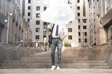 Obraz premium Man with cloud on his head outdoors. Modern storage technology concept