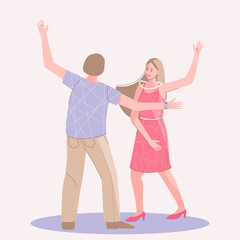 Dancing couple of man and woman. Girl in a beautiful pink dress with long developing hair. A man moves to the beat of the music. Happy dancing people.
Holiday flat vector illustration.
