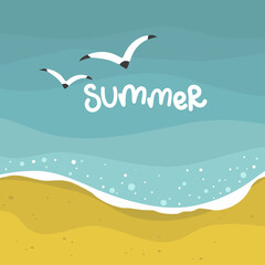Fototapeta na wymiar summer sea with waves background, yellow sand beach, vector design template, illustration hand drawing